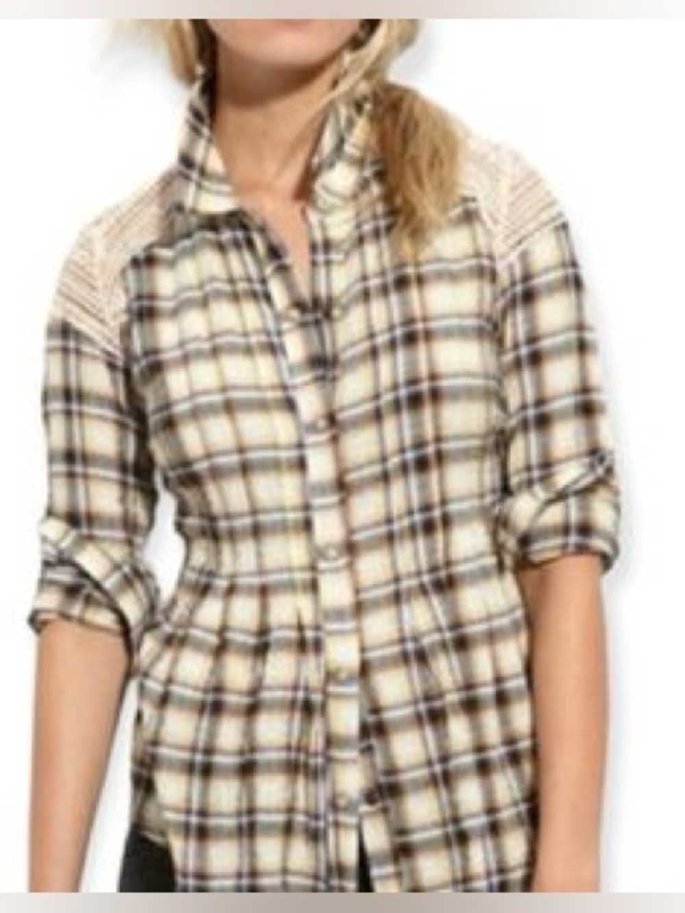 Free People Plaid Crochet Lace Button-Down Shirt Size 4